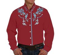 Camisa occidental para hombre, camiseta vaquera de manga larga bordada Slim Fit Button Down Hippie Camisa para Oktoberfest Festival Country Party y ocio, O rojo., XXL