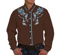 Camisa occidental para hombre, camiseta vaquera de manga larga bordada Slim Fit Button Down Hippie Camisa para Oktoberfest Festival Country Party y ocio, O Marrón, XXL