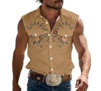 Camisa occidental para hombre, sin mangas, étnica, geométrica, estilo vaquero, chaleco de manga corta, algodón, camisa informal de verano, camisa informal sin mangas, estampado occidental, O Khaki