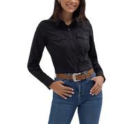 Camisa occidental retro de manga larga para mujer, color azul claro sólido, Negro, Large