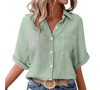 Camisa Oversize para mujer de manga corta, camisa de algodón y lino, blusa de solapa superior con botón y bolsillo Top Color sólido todos los días Blusa casual grande talla S-5Xl, Mint Green, XL