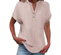 Camisa Oversize para mujer de playa, camisa de manga corta, camiseta con cuello en V y botones de color sólido Versátil Top Relajación suelta Blusa de algodón y lino Top de playa para vacaciones Top
