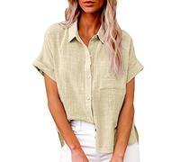 Camisa Oversize para mujer de talla grande camisa de algodón y lino Blusa con botón Blusas de manga corta Top Color sólido Versátil Top Beach Camisa cómoda holgada Blusa, caqui, M