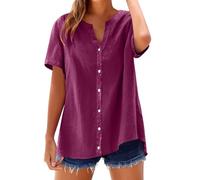 Camisa Oversize para mujer, manga corta, camisa para mujer, talla grande, fluido, blusa con cuello en V, con botones, camiseta casual de gran tamaño, camiseta de color sólido, blusa de algodón y lino