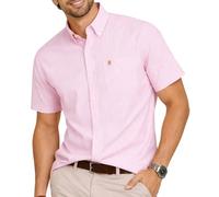 Camisa Oxford de Manga Corta para Hombre de Corte clásico,Cuello Abotonado y Bolsillo.Camisas de Ocio de Ropa de Vacaciones. Tickle Me Pink Stripe, L