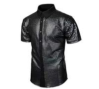 Camisa para hombre, brillante, metálica, manga corta, corte ajustado, botones de los años 80, ropa de lentejuelas, parte superior para carnaval, disfraz, discoteca, camisas, doradas, brillantes