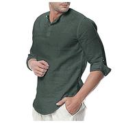 Camisa para hombre de algodón de lino para primavera y otoño, manga media y corte regular, cuello redondo con media tira de botones, para verano, de lino, Verdes del ejército., L