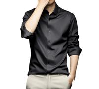 Camisa para hombre de manga larga, color liso, ajustada, informal, formal, de negocios, de seda, Negro, XL