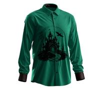 Camisa para hombre de manga larga con estampado de castillo encantado, luna redonda y cuervos, disfraz de Halloween para hombre, camisa, talla grande, delgada, sin planchar para fiesta de cosplay, #01