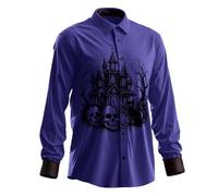 Camisa para hombre de manga larga recta 3D impresa castillo encantado gato negro y esqueleto para disfraz de Halloween para hombre, camisa de gran tamaño delgada, camisa sin planchar para fiesta