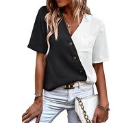 Camisa para mujer de manga corta patchwork blusas tops mujer talla grande cuello en V profundo botones suelto acogedor Hawaii camisetas top blusa negra azul verde caqui rojo amarillo S-XXL, Negro , M