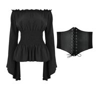 Camisa Pirata Mujer con Cintura de Corsé Disfraz de Pirata para Mujer, Blusa Medieval Renacentista con Hombros Descubiertos Vicotrian Gothic Retro Bell Sleeve Top Retro para Halloween, Carnaval