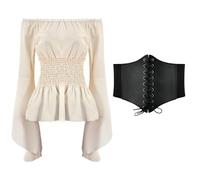 Camisa Pirata Mujer con Cintura de Corsé Disfraz de Pirata para Mujer, Blusa Medieval Renacentista con Hombros Descubiertos Vicotrian Gothic Retro Bell Sleeve Top Retro para Halloween, Carnaval