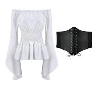 Camisa Pirata Mujer con Cintura de Corsé Disfraz de Pirata para Mujer, Blusa Medieval Renacentista con Hombros Descubiertos Vicotrian Gothic Retro Bell Sleeve Top Retro para Halloween, Carnaval