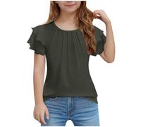 Camisa plisada de manga corta con volantes para niñas, camiseta de verano con cuello redondo para niños, detalle de volantes plisados de moda, tela suave, se adapta a edades de 5 a 14 años, ideal para