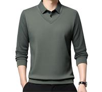 Camisa polo de manga larga con solapa a rayas para hombre, cuello en V, punto sintético, informal, negocios, casual, para negocios, Bean Green, 3XL