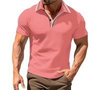 Camisa polo lisa Coulor 2026 para hombre, primavera, color liso, cuello a rayas, solapa de manga corta, blusa Henley para hombre, camiseta de golf 2026, rosa, XXL