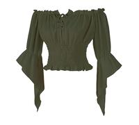 Camisa renacentista para mujer, manga trompeta, blusa estilo peasnat, hombros descubiertos, tirantes y cuello en V, estilo pirata, verde, 3XL