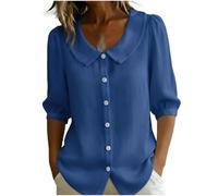 Camisa Retro Abotonada con Cuello Peter Pan | Blusa Casual de Corte Holgado para Primavera y Verano | Estilo Vintage para el Trabajo y el Ocio (Blue,L)
