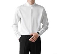 Camisa retro de cuello alto para hombre, manga larga, suelta, casual, para negocios, estilo chino, uso diario, color sólido, primavera, otoño, blusa para hombre, negro, blanco, verde (S blanco)