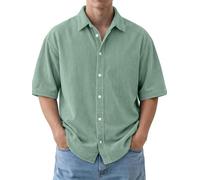 Camisa retro de pana de manga corta con solapa para hombre, camisa de negocios con botones, camisa holgada y elegante de color liso, verde claro, 5XL