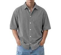 Camisa retro de pana de manga corta con solapa para hombre, camisa de negocios con botones, camisa holgada y elegante de color liso, gris, S