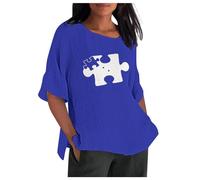 Camisa retro informal de algodón y lino para mujer, cuello redondo, manga cuarta y espalda descubierta, suéter, azul, L