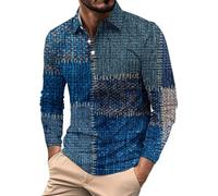 Camisa roja para hombre de primavera y otoño, informal, de manga larga, con solapa, estampada, camiseta de campo para hombre, azul, XL
