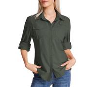Camisa Safari para Mujer UPF 50 Protección Solar UV Camisas de Secado Rápido Manga Larga Senderismo Caminata Pesca Viajes al Aire Libre, Ejercito Verde, L