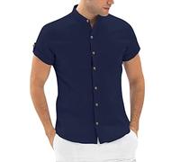 Camisa sin cuello para hombre azul hombre verano algodón lino sólido casual más tamaño camisa suelta hombre cuello alto camisa de manga corta camisas suéter hombre, marine, M