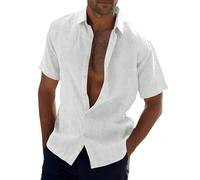Camisa sólida casual masculina manga corta cuello vuelto camisa botón camisa formal, Blanco, L