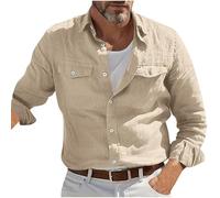 Camisa táctica de lino para hombre, manga larga con botones y bolsillos dobles, estilo militar, para exteriores, ideal para pesca, senderismo y trabajo (caqui, M)