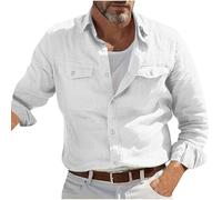 Camisa táctica de lino para hombre, manga larga con botones y bolsillos dobles, estilo militar, para exteriores, ideal para pesca, senderismo y trabajo (blanco, L)