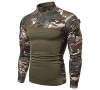 Camisa táctica de manga larga con cremallera de 1/4 para hombre, estilo militar, camisa de combate con bolsillos, ropa de aire libre, para caza, camping, senderismo, Camo Verde, XL