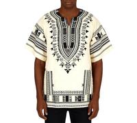 Camisa tradicional africana Dashiki Camisa Oversized Tshirt Herren Vintage Kurzarm hemd Retro Hippie T Shirt V Ausschnitt African Shirt Boho Kleidung Kurzarm Sommerkleidungmit Aufdruck, O beige., XL