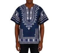 Camisa tradicional africana Dashiki Camisa Oversized Tshirt Herren Vintage Kurzarm hemd Retro Hippie T Shirt V Ausschnitt African Shirt Boho Kleidung Kurzarm Sommerkleidungmit Aufdruck, O Navy