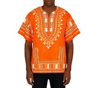 Camisa tradicional africana Dashiki Camisa Oversized Tshirt Herren Vintage Kurzarm hemd Retro Hippie T Shirt V Ausschnitt African Shirt Boho Kleidung Kurzarm Sommerkleidungmit Aufdruck, O Orange, L