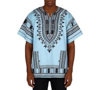 Camisa tradicional africana Dashiki Camisa Oversized Tshirt Herren Vintage Kurzarm hemd Retro Hippie T Shirt V Ausschnitt African Shirt Boho Kleidung Kurzarm Sommerkleidungmit Aufdruck, O Azul Claro