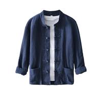 Camisa tradicional de traje Tang para hombre, uniforme de Kung Fu de manga larga, botones de rana china, tela ligera, chaqueta elegante para verano y ocasiones culturales, azul, XXL