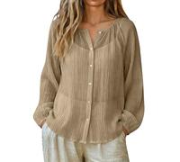 Camisa transparente para mujer - Camisa ligera para mujer, blusa transpirable, blusa para jóvenes, camiseta abierta, camiseta fina, con botón camiseta de color puro, protección solar, camiseta, caqui