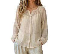 Camisa transparente para mujer - Camisa ligera para mujer, blusa transpirable, blusa para jóvenes, camiseta abierta, camiseta fina, con botón camiseta de color puro, protección solar, camiseta, beige