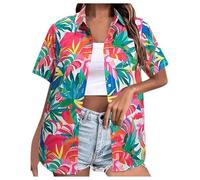 Camisa tropical caribeña para mujer, con botones, crucero, verano, hawaiana, manga corta, playa, palmera hawaiana, divertida, moderna, casual, para bolos, golf, fiesta floral, azul celeste, M