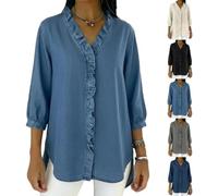 Camisa Vaquera Casual para Mujer con Cuello en V y Volantes | Novedad 2026 | Manga 3/4 | Top Vaquero de Verano con Borde con Volantes (Blue,XL)