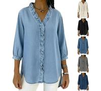 Camisa Vaquera Casual para Mujer con Cuello en V y Volantes | Novedad 2026 | Manga 3/4 | Top Vaquero de Verano con Borde con Volantes (Light Blue,L)