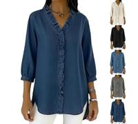 Camisa Vaquera Casual para Mujer con Cuello en V y Volantes | Novedad 2026 | Manga 3/4 | Top Vaquero de Verano con Borde con Volantes (Navy Blue,S)