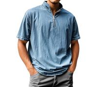 Camisa Vaquera de Manga Corta para Hombre, Cuello Alto, Cremallera, Estilo Casual Vintage, Corte Ajustado, Jersey, Moda Urbana, Azul, Talla XL