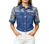 Camisa vaquera de manga corta para mujer, informal, con botones, blusa vaquera, encaje, patchwork, chaqueta vaquera, elegante, blusa holgada, bordado floral, parte superior con bolsillos en el pecho