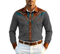 Camisa vaquera de manga larga con bordado occidental para hombre, gris, M