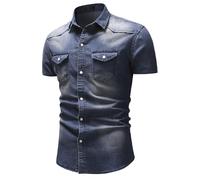 Camisa Vaquera Hombre de Manga Corta Camiseta Demin Color sólido Mezclilla Verano Casual Oficina Retro Elegante Bolsillo Cuello en V Botones Moda T-Shirt Camisa Slim Fit Fiesta Tops tee Traje