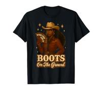 Camisa vaquera negra occidental para mujer, botas en el suelo Camiseta